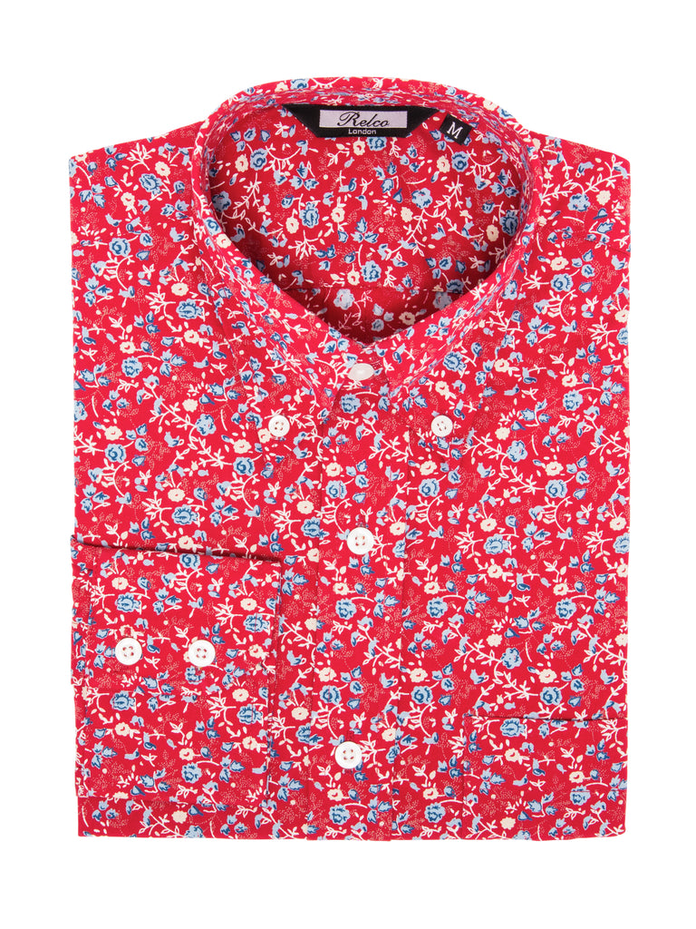 Vintage Shirt - Cotton Red with Blue Florals