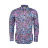 A long-sleeve button-down shirt with an intricate paisley pattern in shades of purple, blue, pink, and brown, displayed on a clean white background.