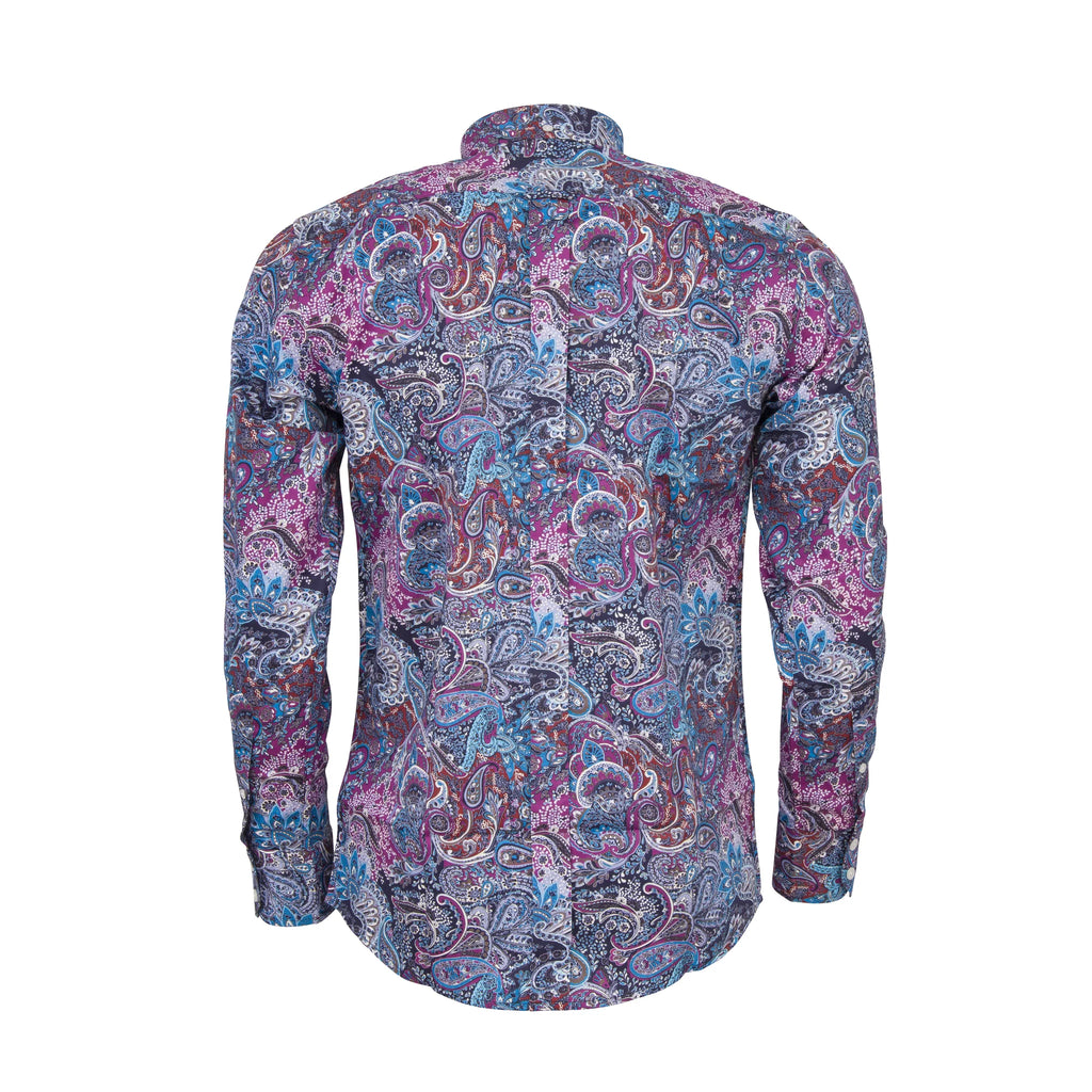 A long-sleeve button-up shirt shown from the back, featuring an intricate paisley pattern in shades of purple, blue, pink, and brown on a white background.
