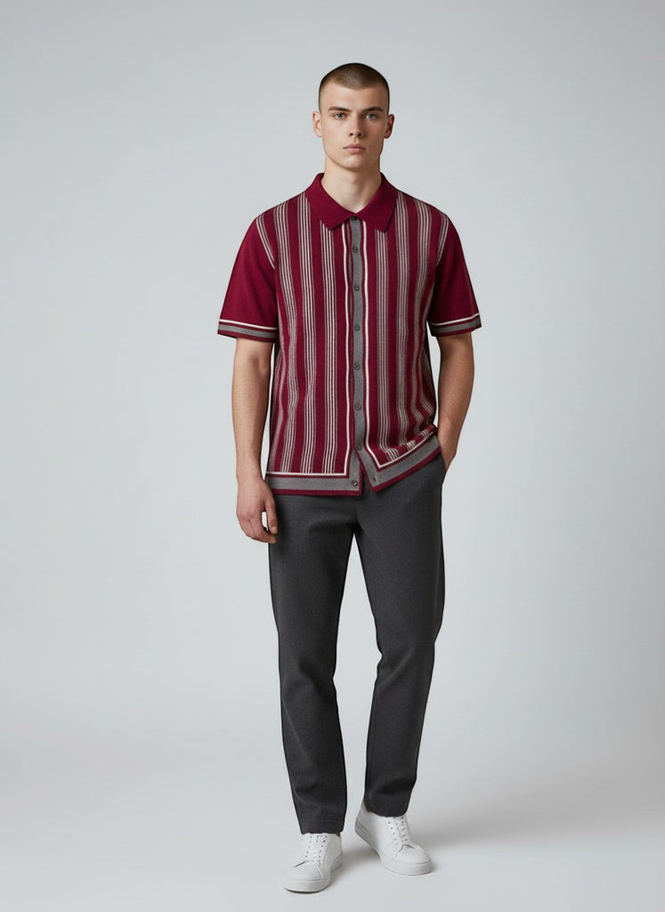 Relco London men's burgundy and grey knitted polo shirt with full button front and vertical stripe pattern.