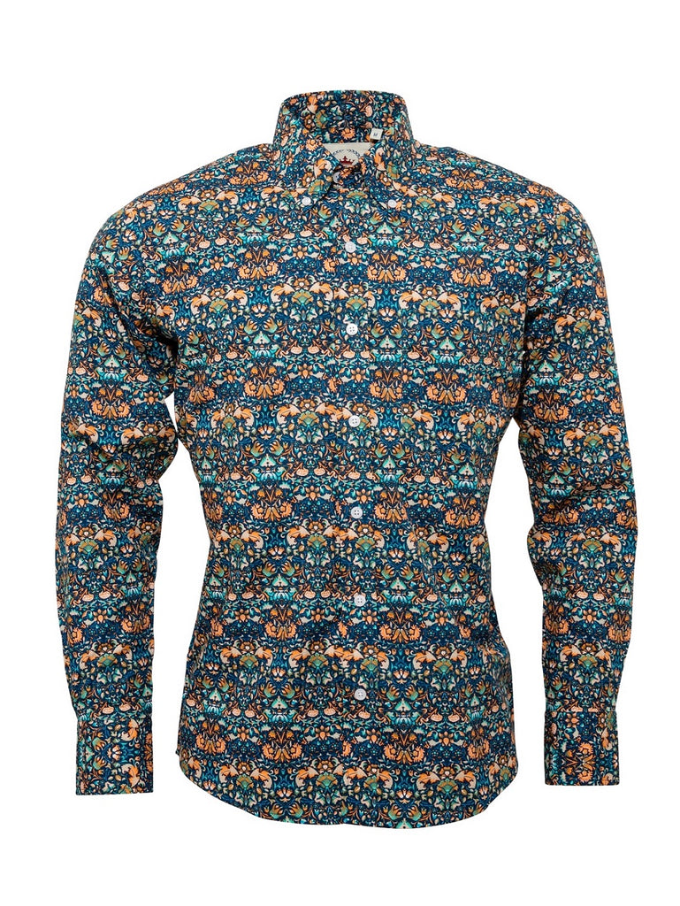 Men's Blue and Orange Floral patterned shirt - FLORAL-17