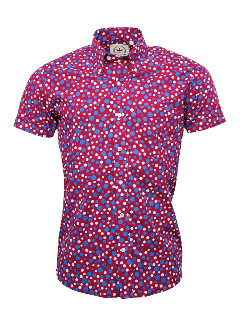 Men's Burgundy shirt with Blue and white dots